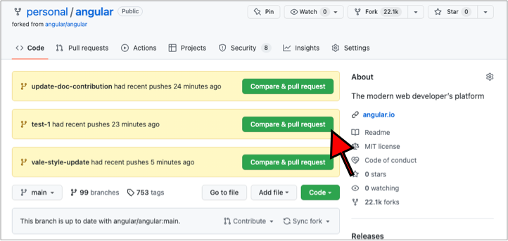 Screenshot of github.com page showing a recent push to the repo