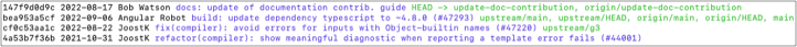 Screenshot of commit log after git rebase command