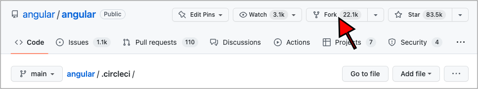 An image of the angular/angular website in github.com that identifies the fork button