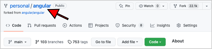 An image of the personal/angular website in github.com that identifies the fork forked repo