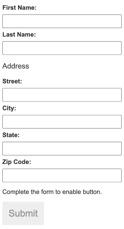 Profile editor update adding address inputs, instructive text for filling out the form to enable the submit button, and a disabled submit button