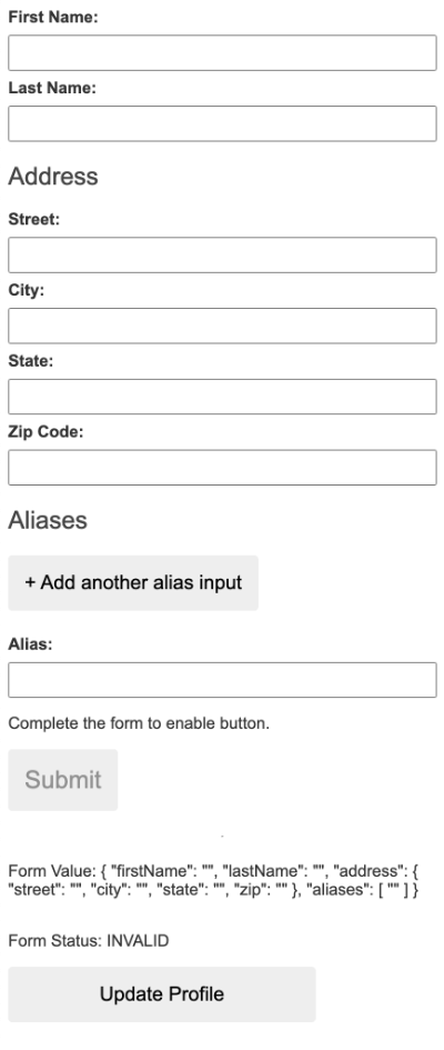 Profile Editor with aliases section, which includes an alias label, input, and button for adding another alias text input