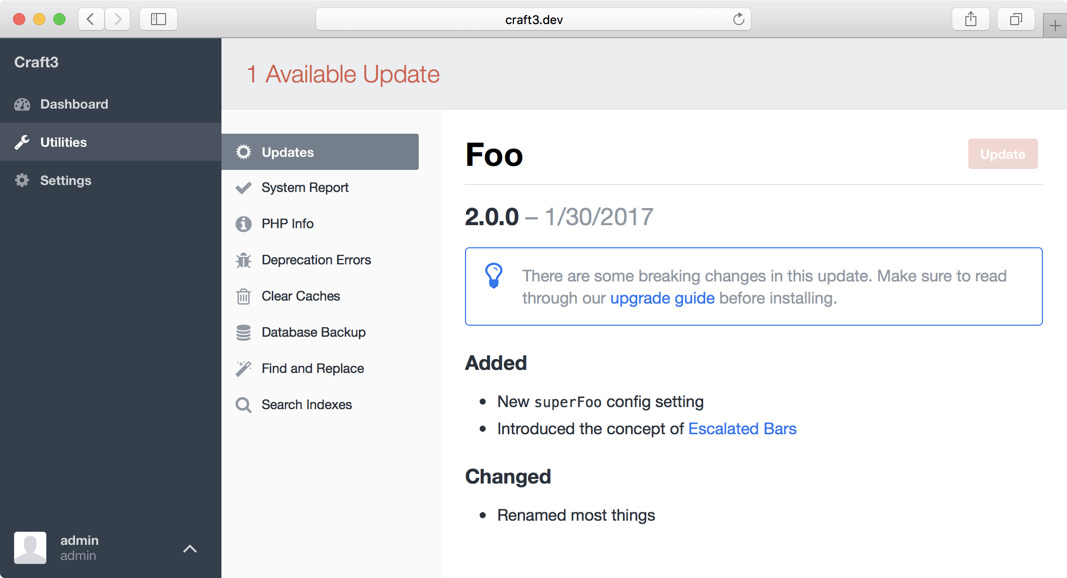 The Utilities → Updates page in Craft’s Control Panel, with an available update for the “Foo” plugin.