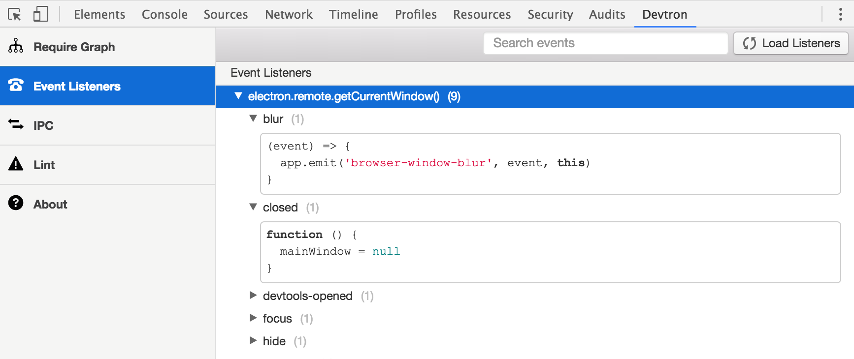 Screenshot of Devtron Event Listeners