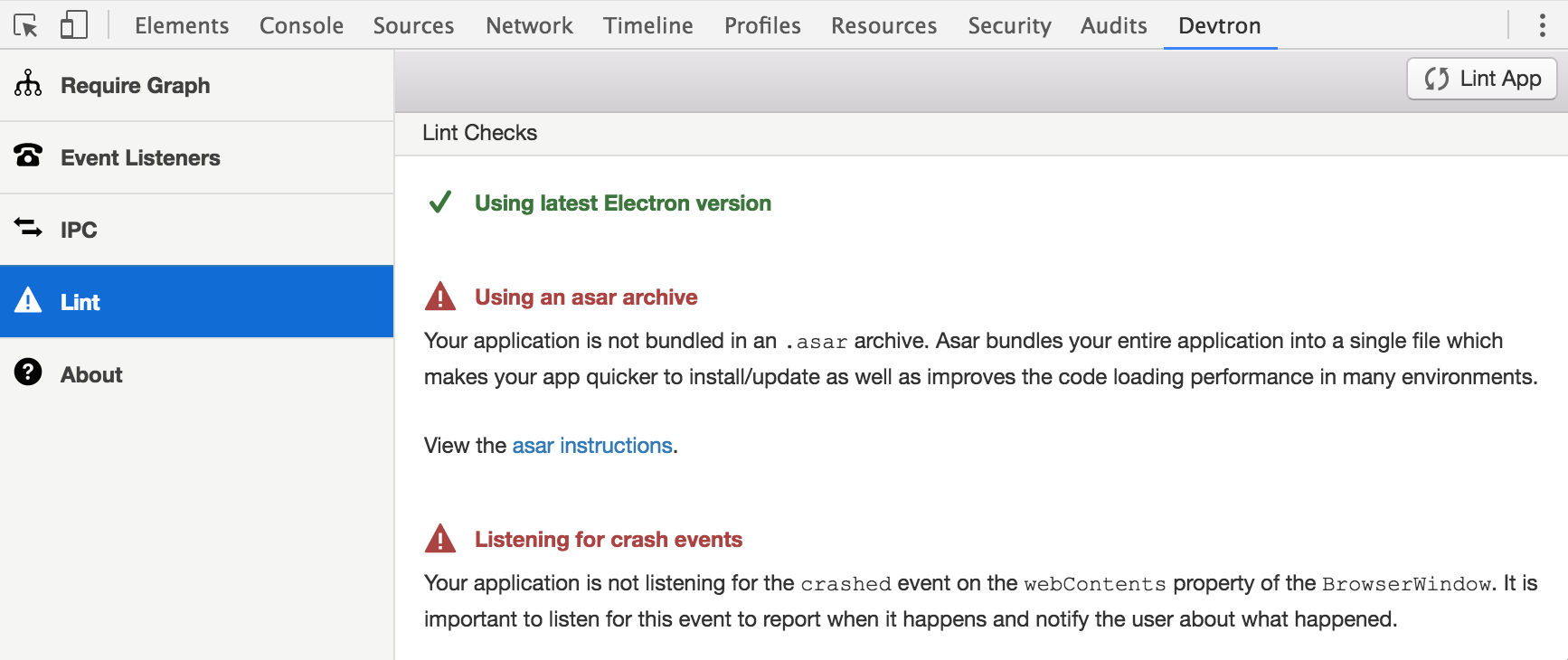 Screenshot of Devtron Linter