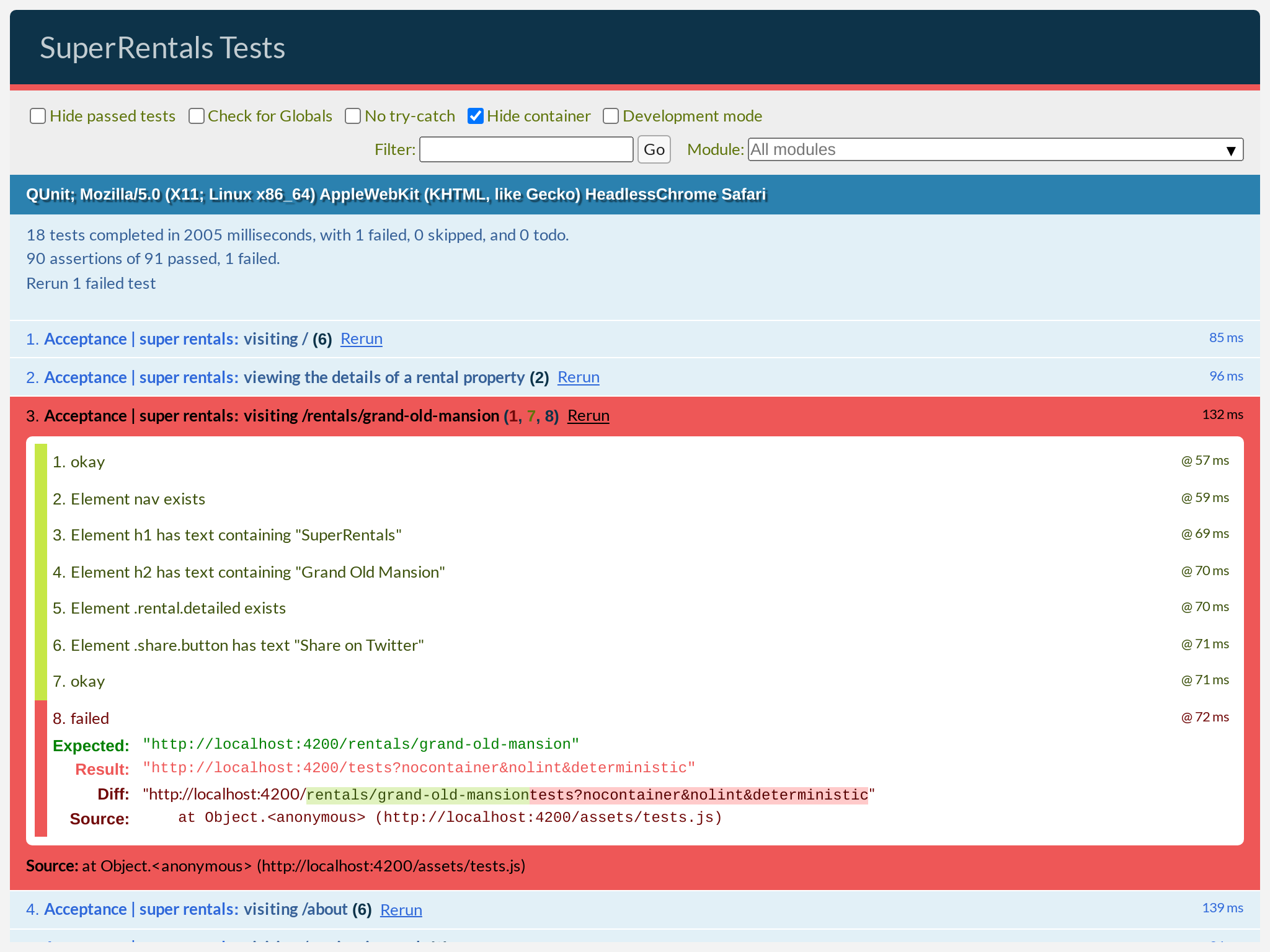 The test failed