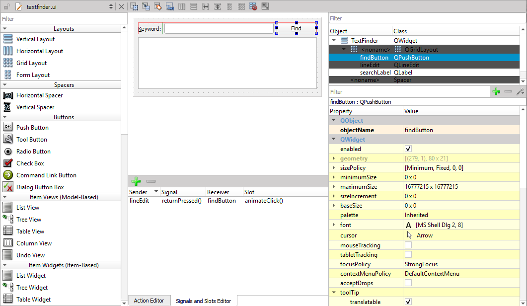 Qt Widgets Designer opened from Qt Creator