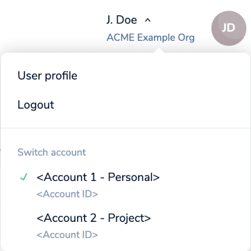 To switch between Redis Cloud accounts, select the desired account from the list shown on the Profile control.