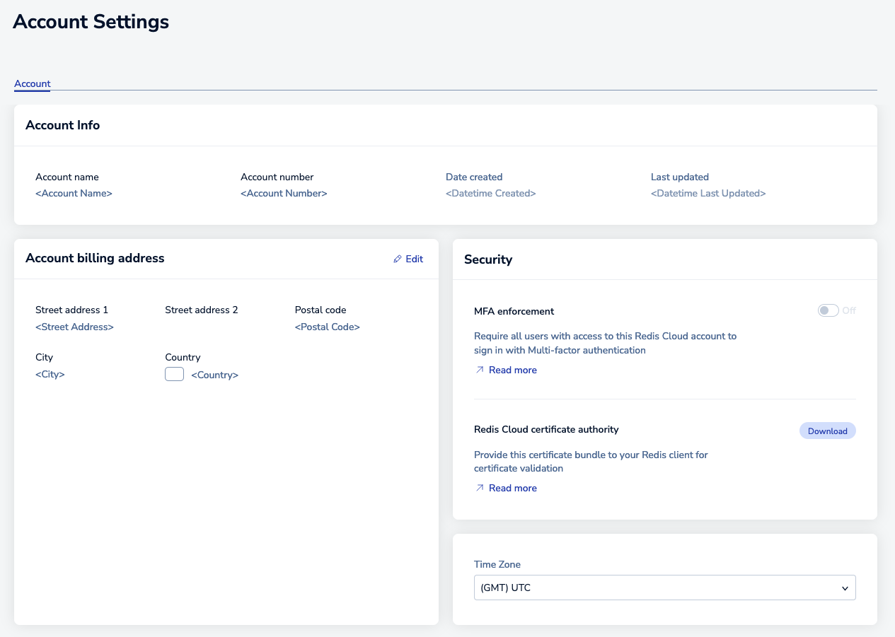 Use the Account tab of the Account Settings screen to review and update settings associated with your Redis Cloud account.
