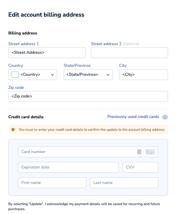 The Edit account billing address screen.