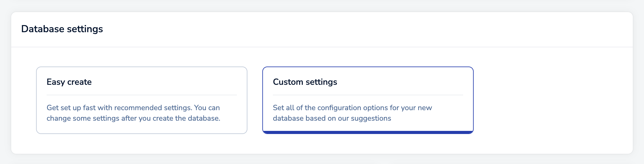 The database settings section, with custom settings selected.