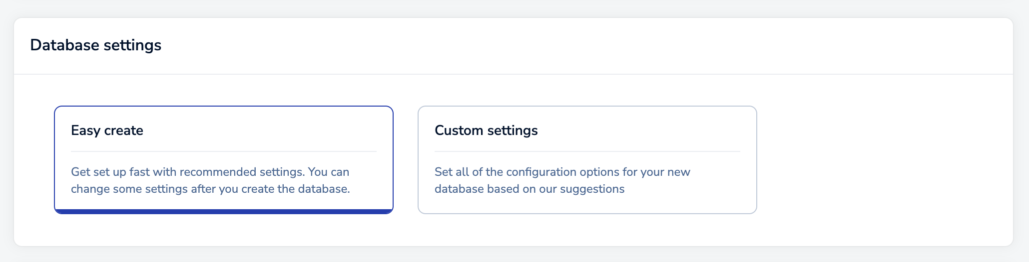 The database settings section.