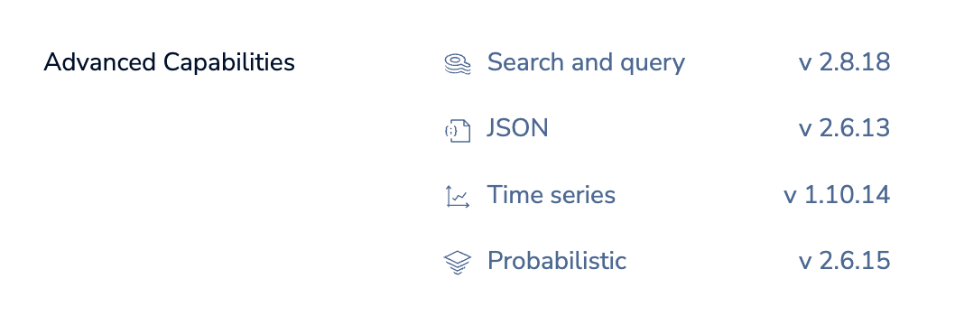 For Essentials, the Database details page lists the capabilities and versions added by Redis Stack.