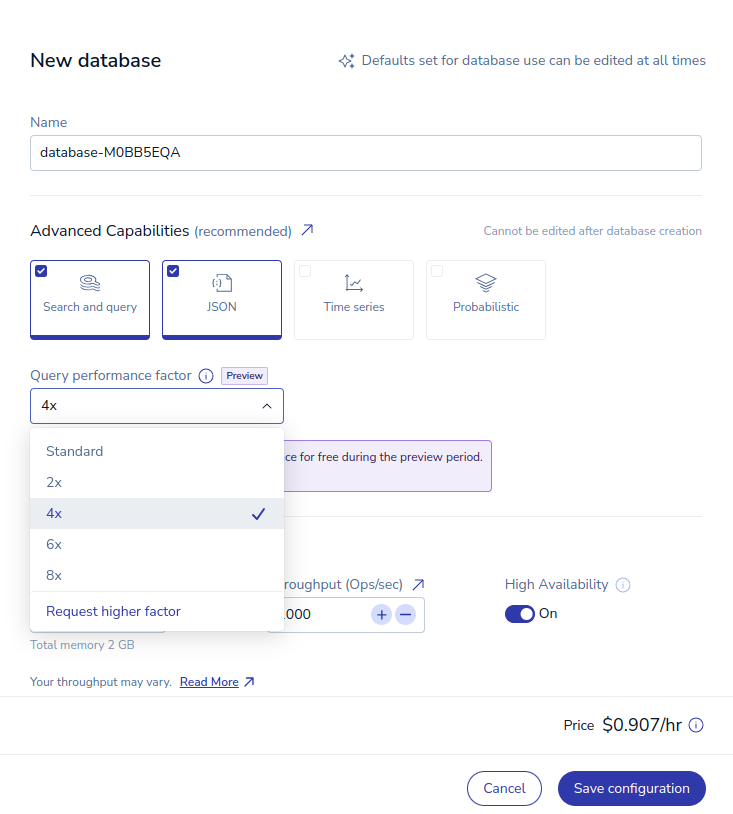 For Pro databases, you can select the query performance factor for your database.