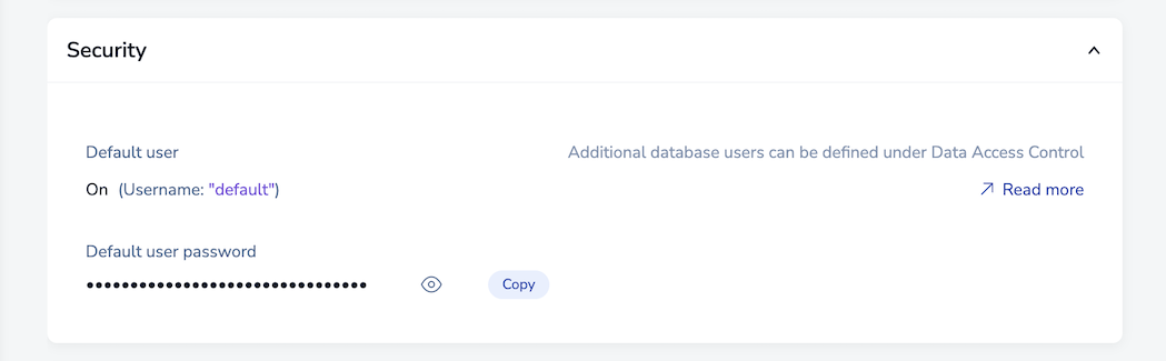 The Default user password appears in the Security section of the Configuration tab on the database details screen.