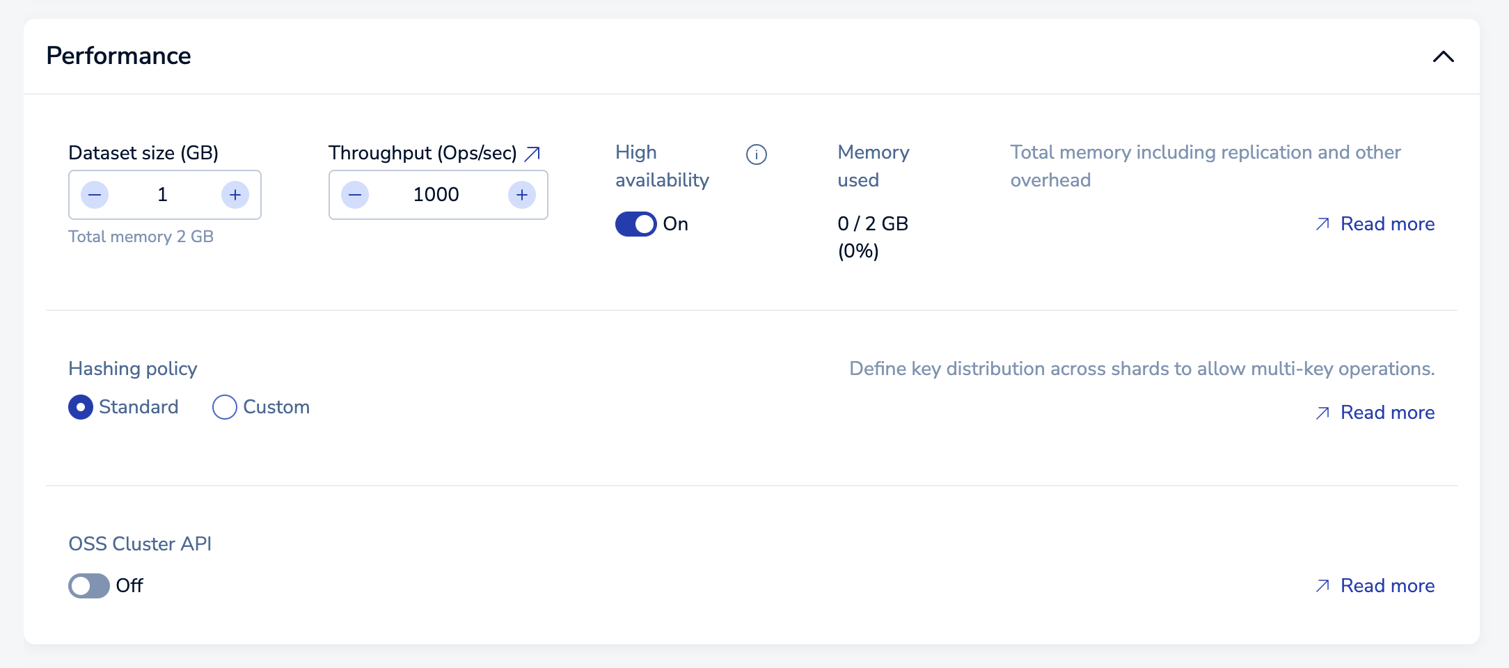 Use the Performance section to control the size, throughput, and hashing policy for a database.