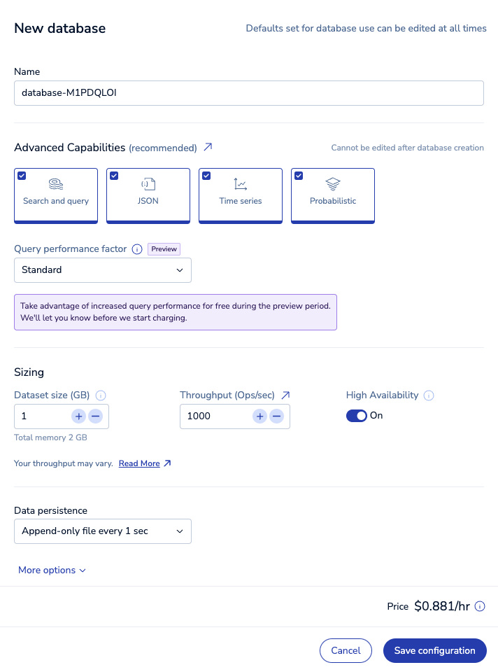 The New Database dialog with basic settings.