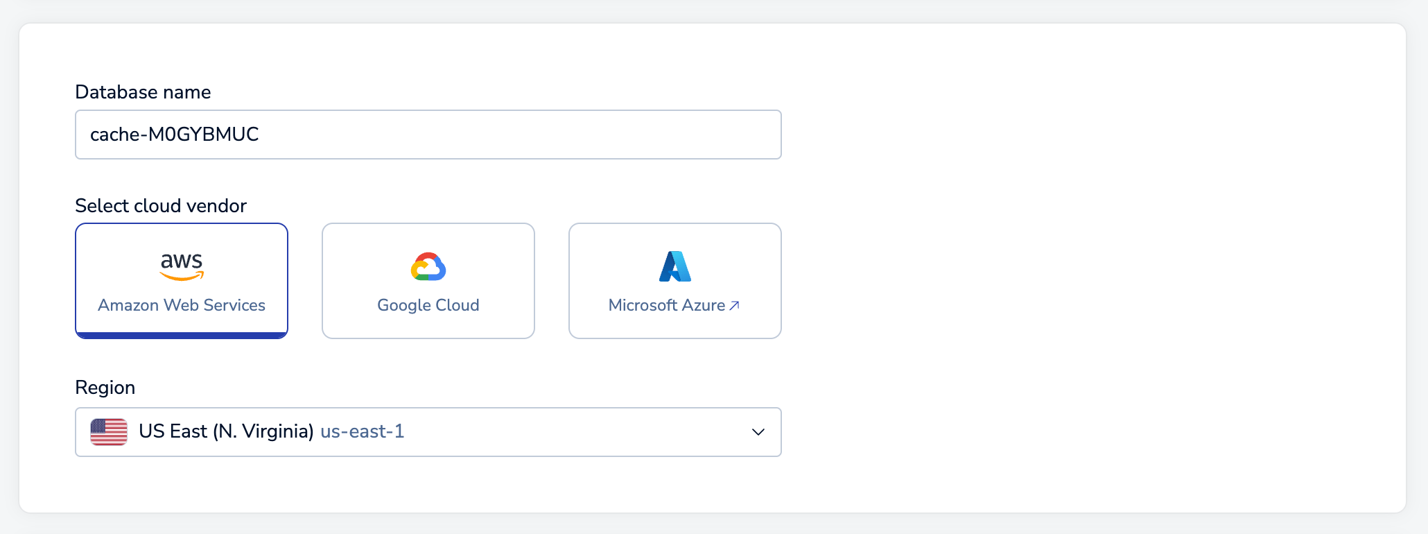 The database name, cloud vendor and region settings.