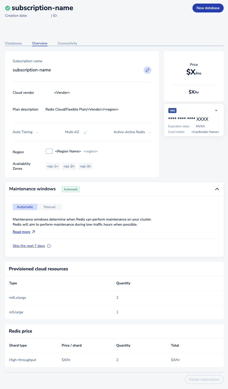 The Overview tab displays the settings used to create your Redis Cloud Pro subscription.