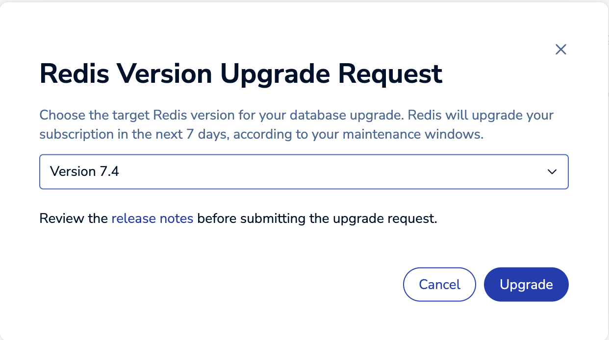 Version upgrade request list with version 7.4 selected.