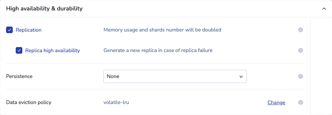 When you select the Replication checkbox in the High availability & durability section of the database configuration screen, the Replica high availability checkbox is also selected by default.