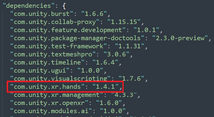 A sample project manifest is shown in a text editor. The line containing "com.unity.xr.xr.hands" is called out.