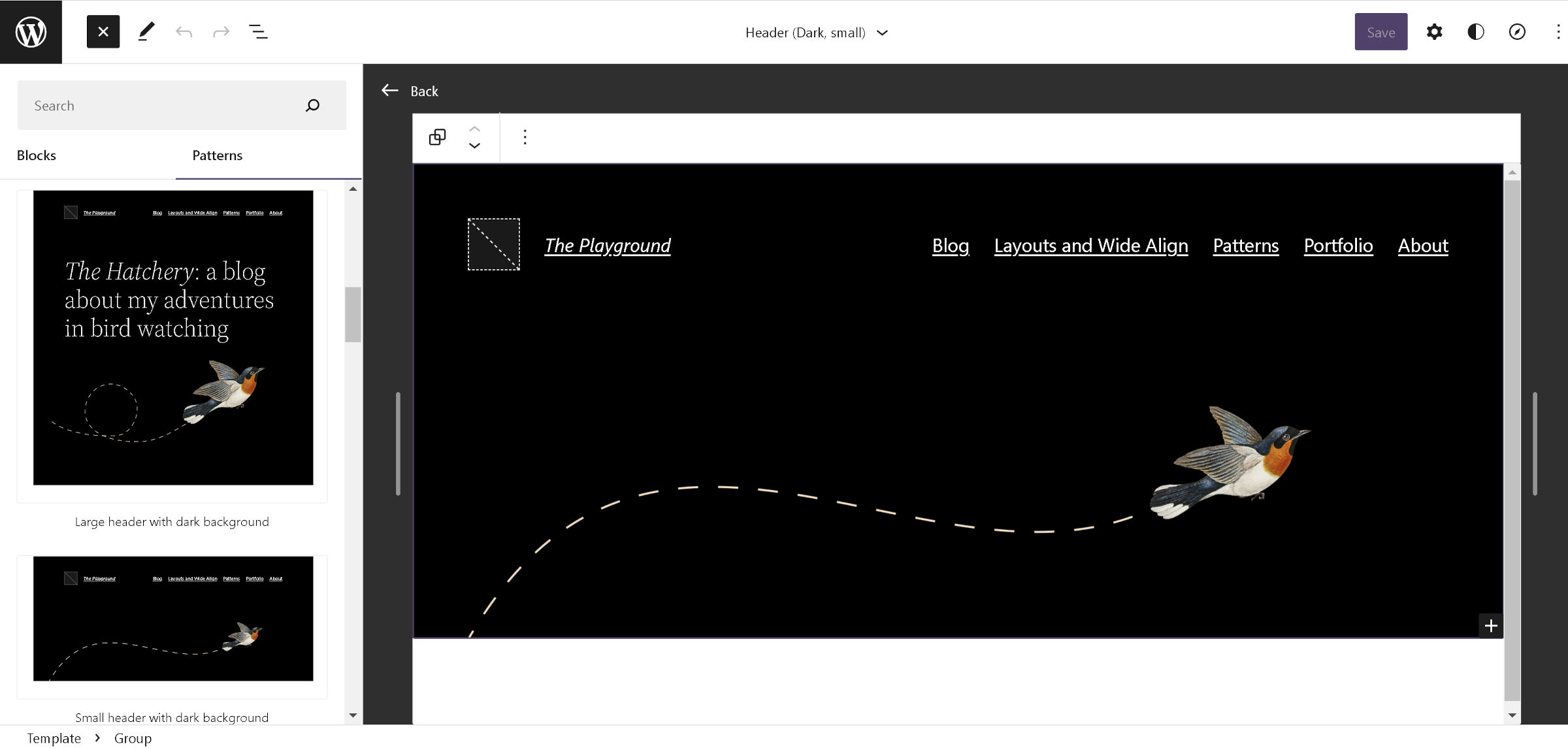 WordPress template editor with a header template in the canvas. On the left, a column of header patterns are shown.