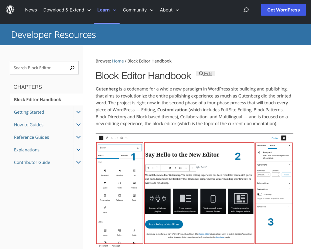 Screenshot of the Block Editor Handbook homepage