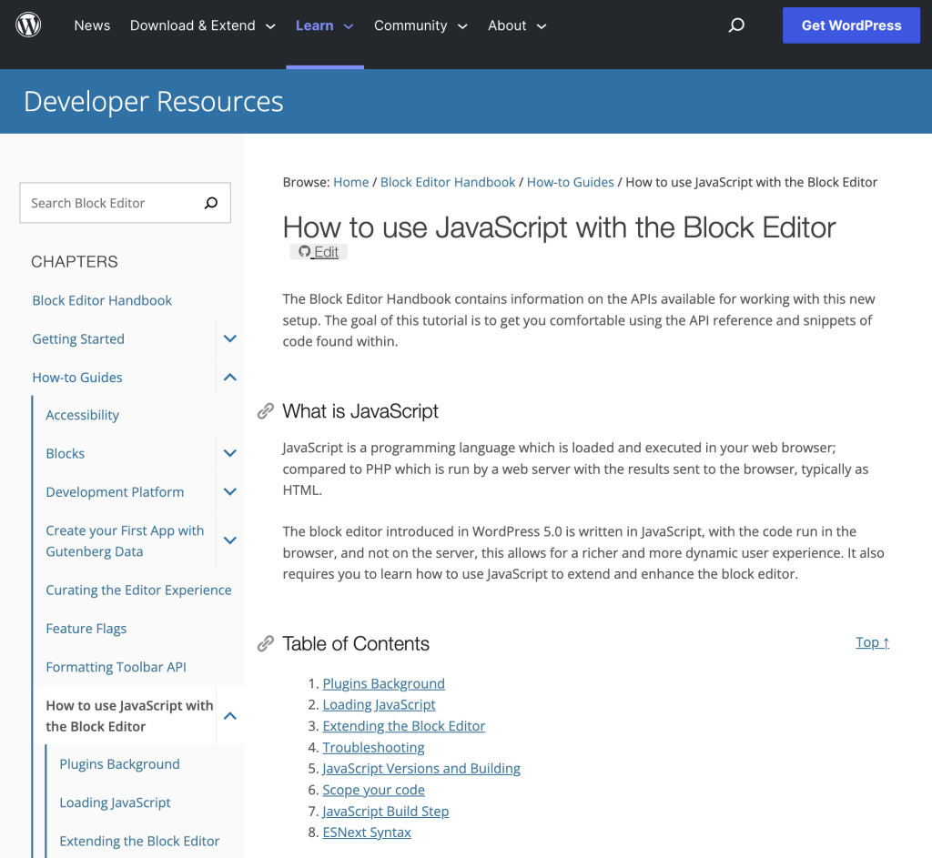 Screenshot of the "How to use JavaScript with the Block Editor" page in the Block Editor Handbook.