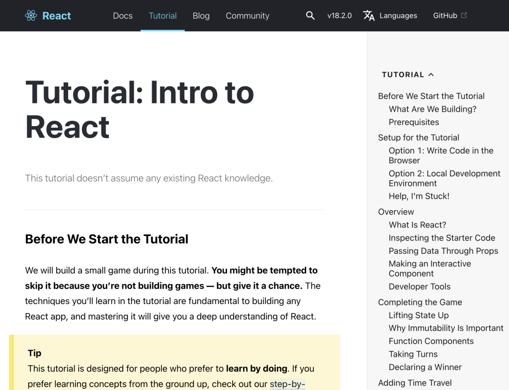 Screenshot of the official React tutorial