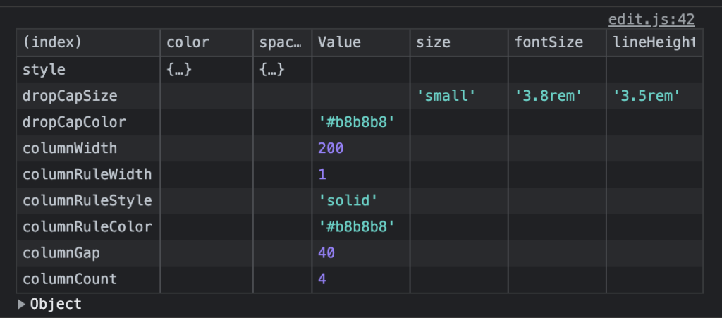 Screenshot showing output of console.table in the browser console