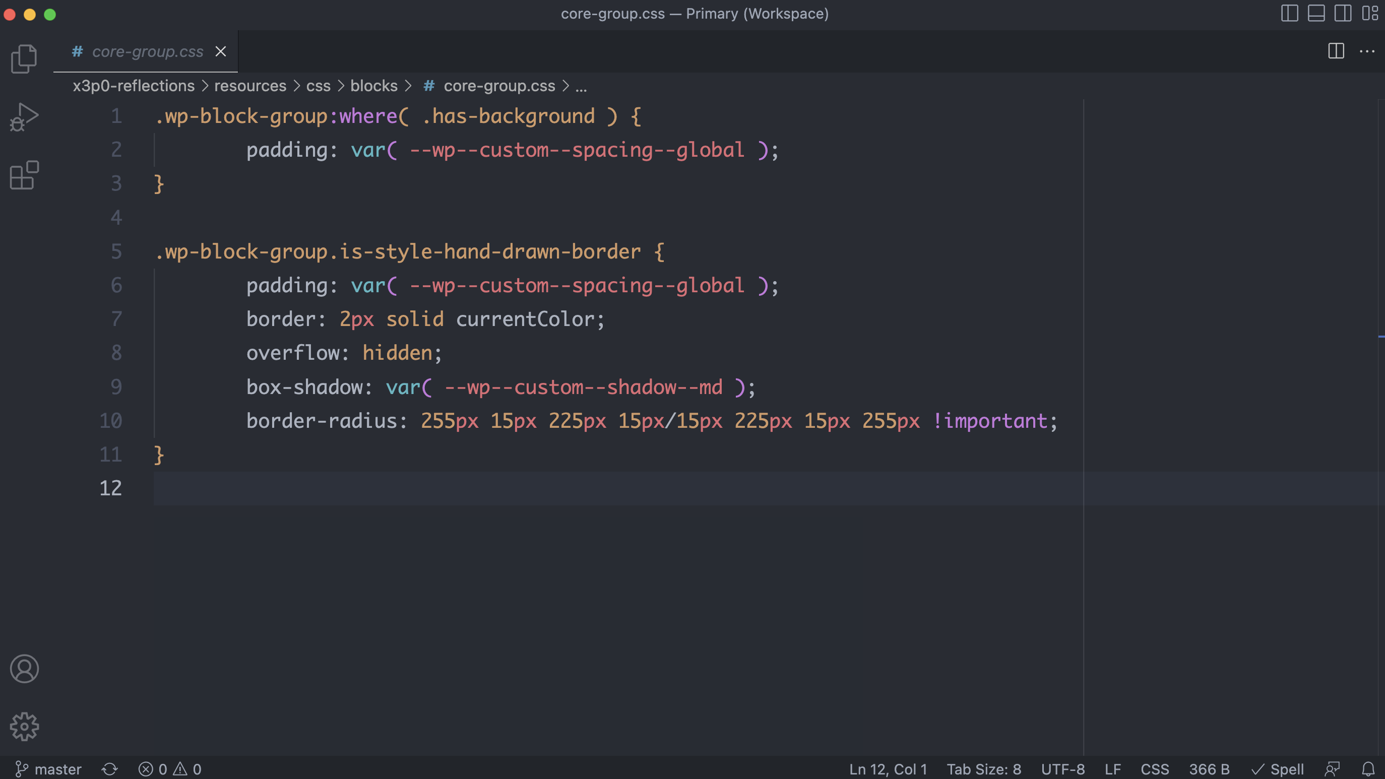 Code editor showing a core-group.css file with custom CSS for the Group block.
