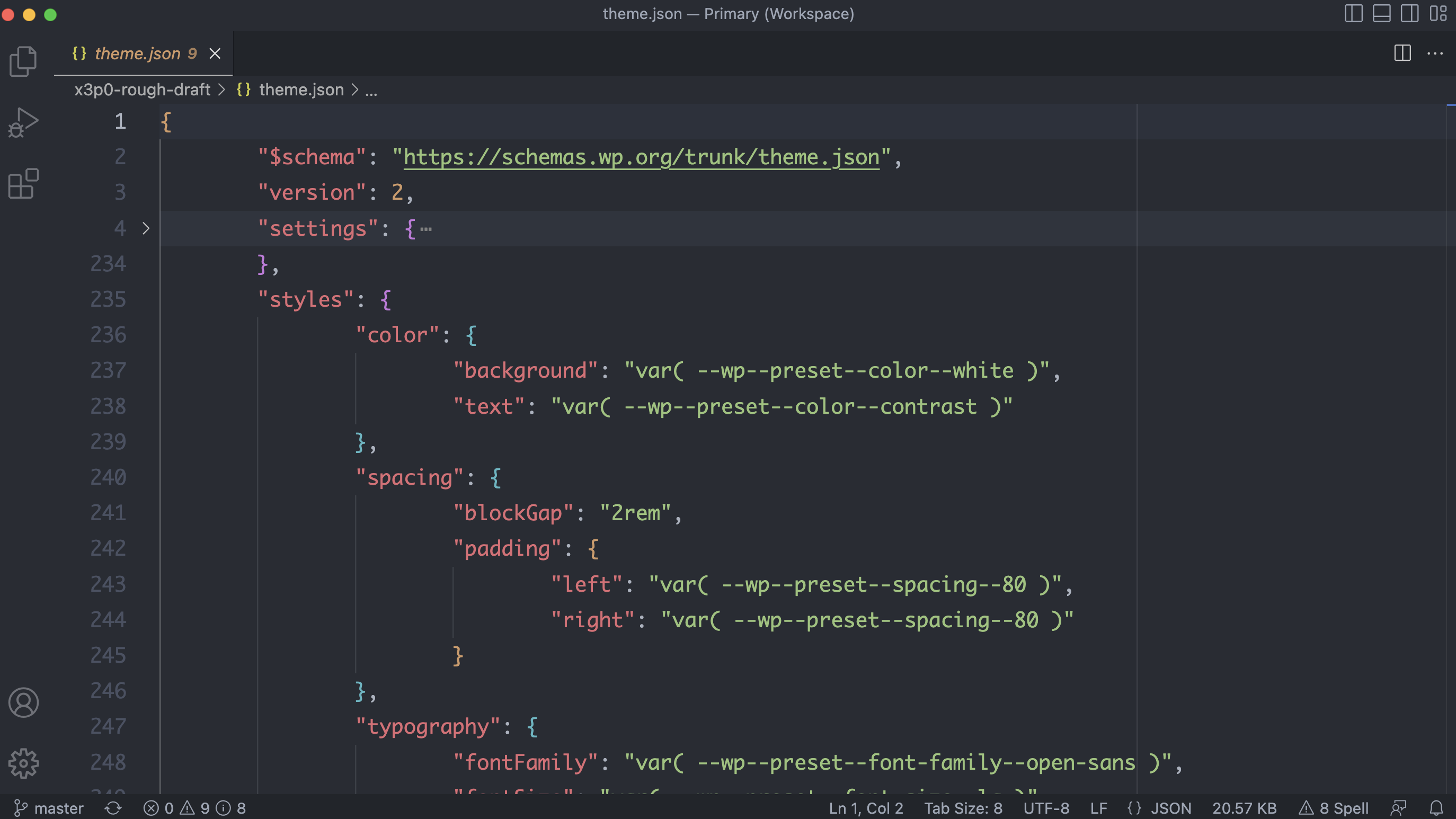 Code editor that shows a theme.json file that is opened to the "styles" section.