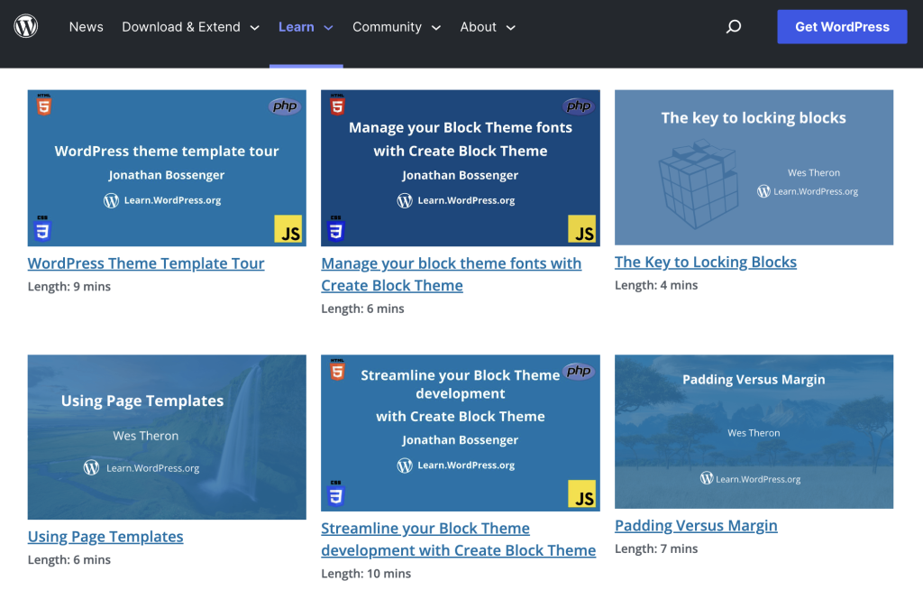 Screenshot of the Learn WordPress website showing a selection of tutorials