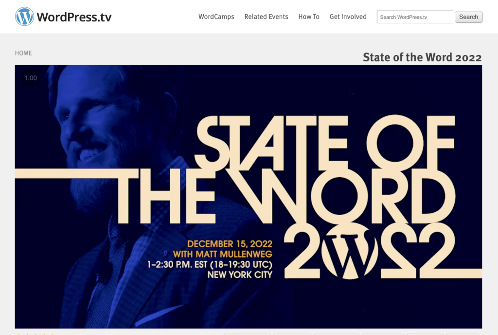 Screenshot of the WordPress.tv website showing a still from State of the Word 2022