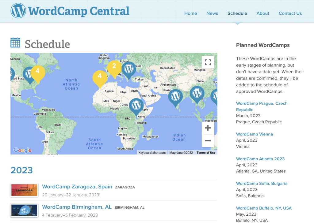 Screenshot of the WordCamp Central website