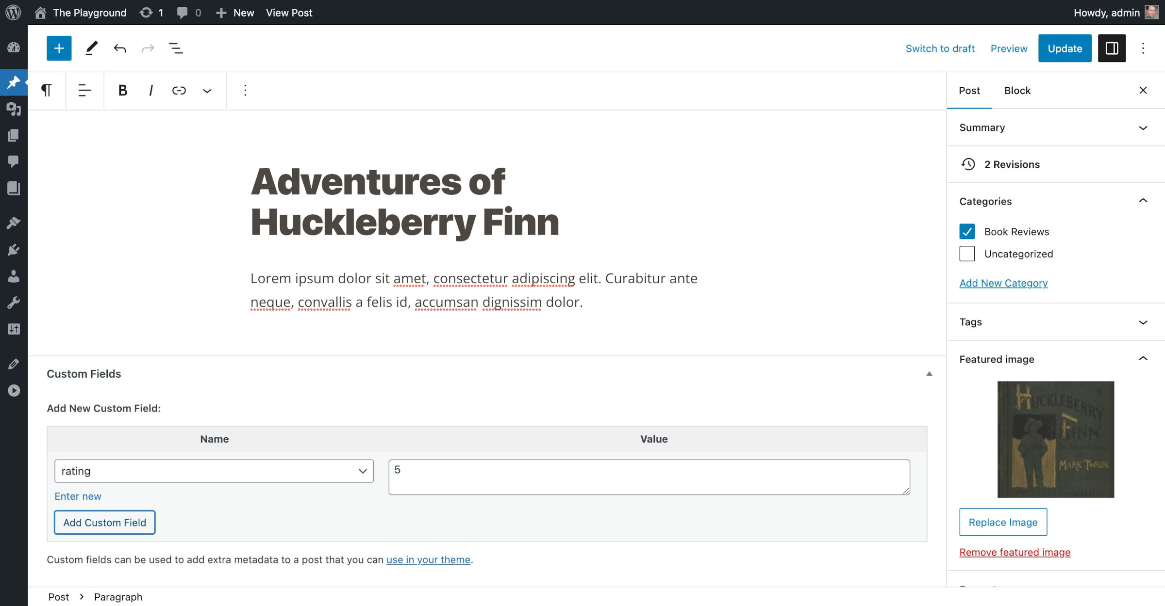 WordPress post editor with the Custom Fields panel shown at the bottom of the screen. The panel shows a rating field with a value of 5.
