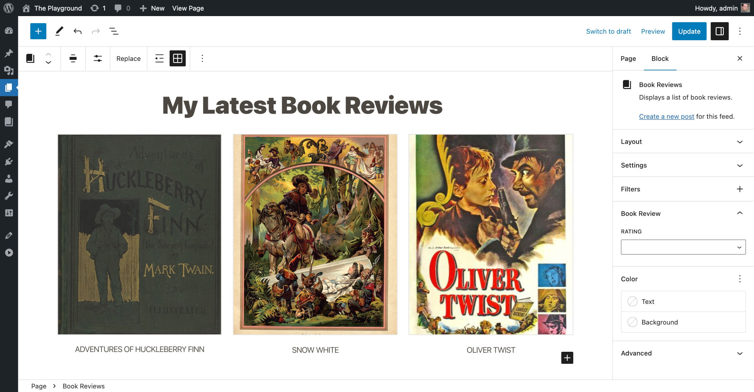 WordPress post editor with three book review posts, each with a featured image and the title below.