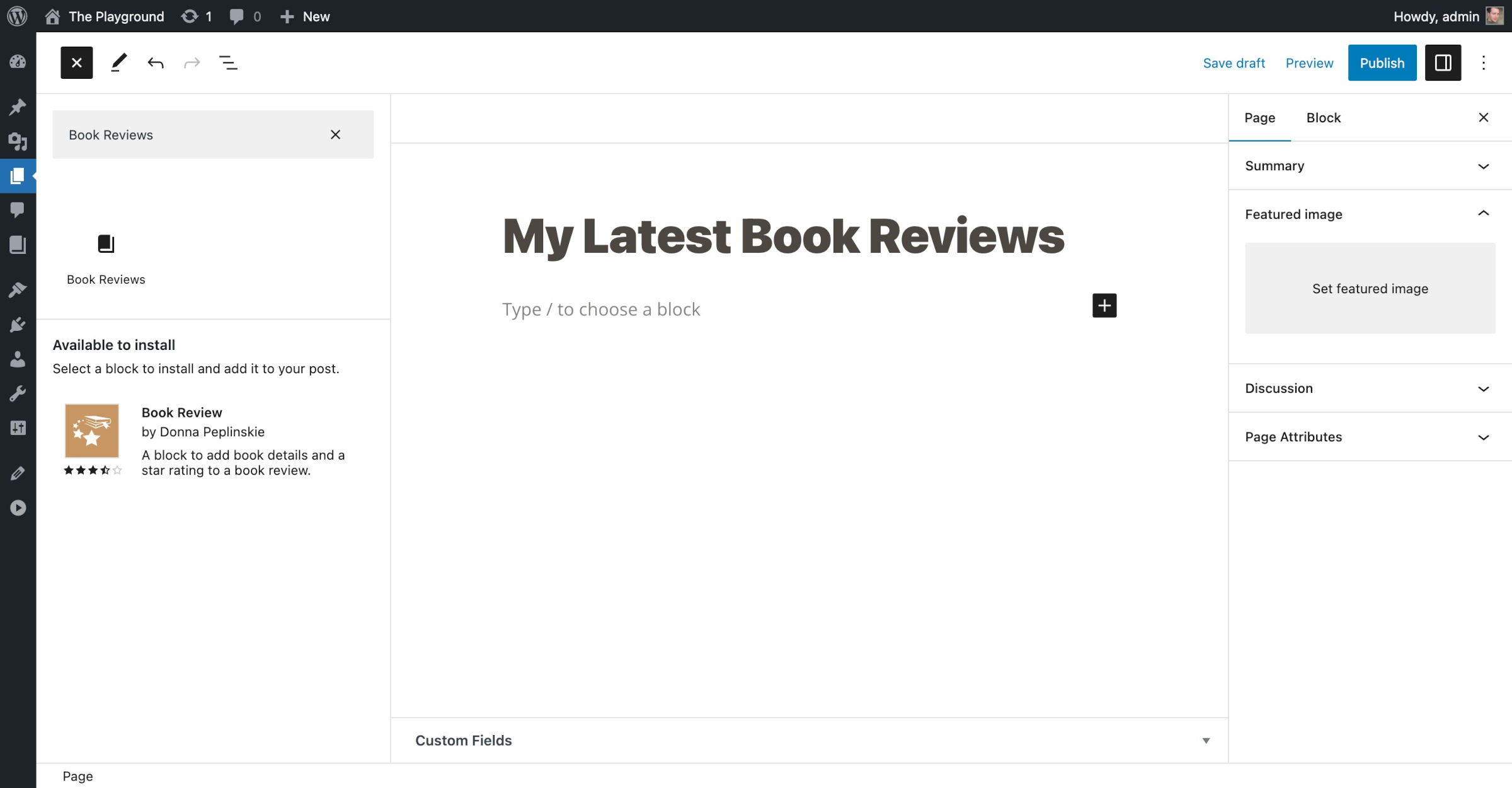 WordPress post editor with the block inserter open. It is displaying the Book Reviews block variation.