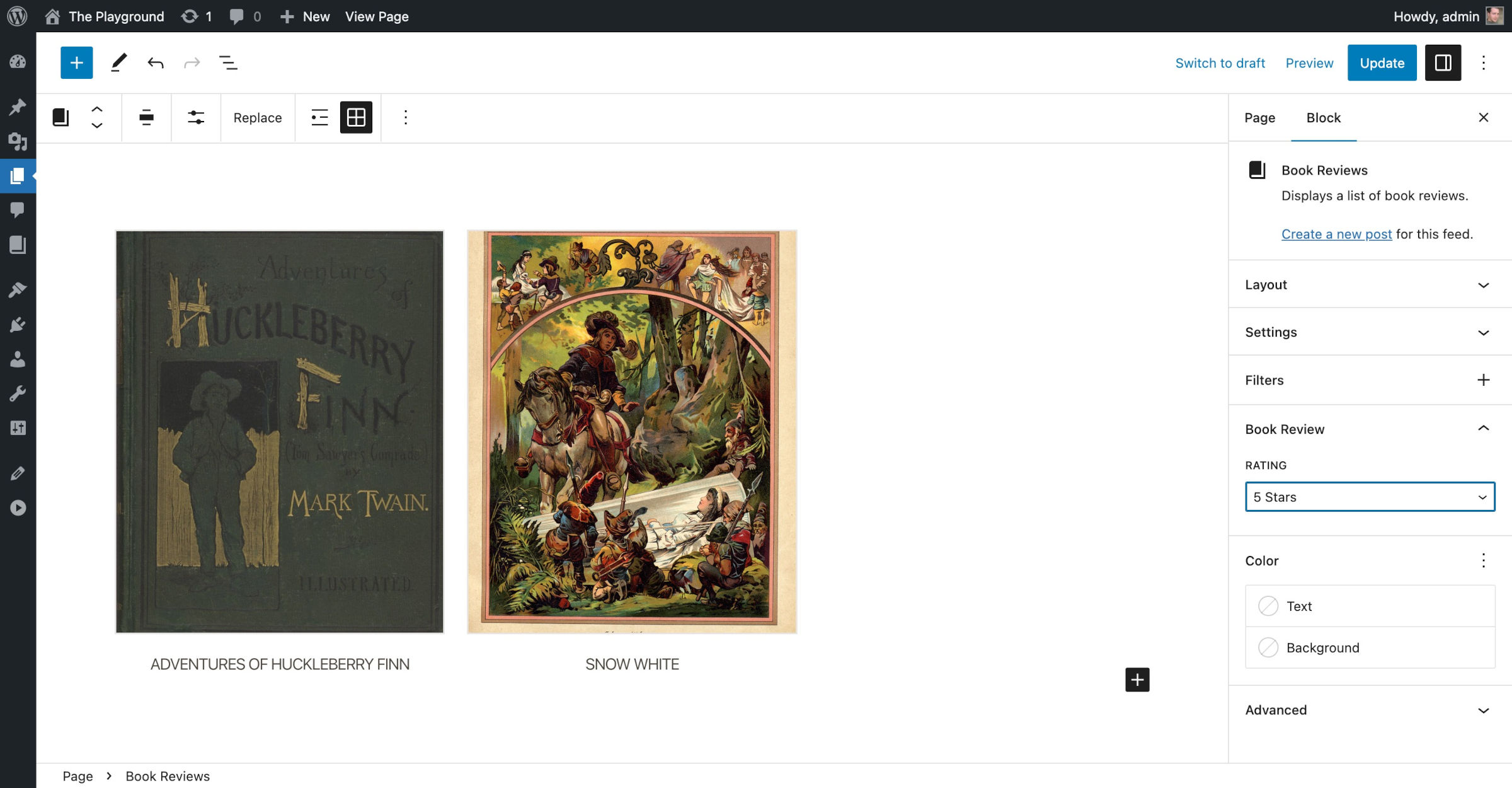 WordPress post editor that shows two posts in a grid, each with a featured image and title. In the sidebar, a 5-star rating is selected.