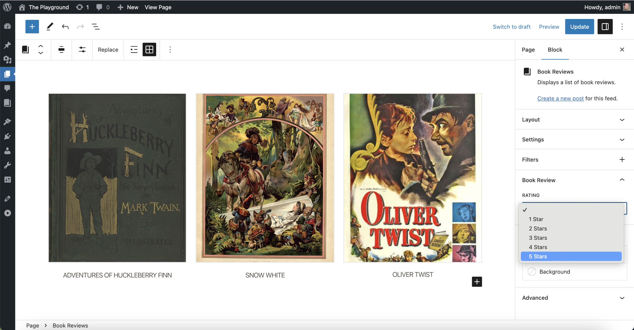 WordPress post editor showing a grid of three posts with their featured images and titles. In the sidebar, a star rating dropdown is shown.
