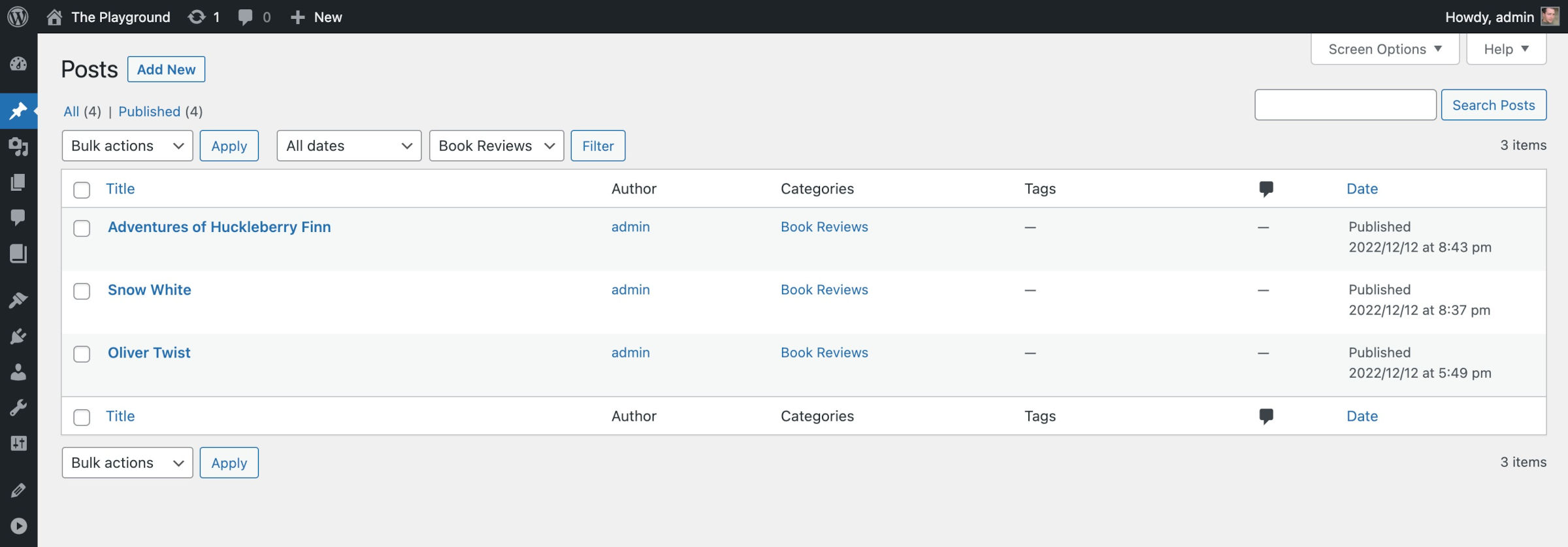 WordPress posts management screen where a Book Reviews category has been selected. It shows three posts in the table.