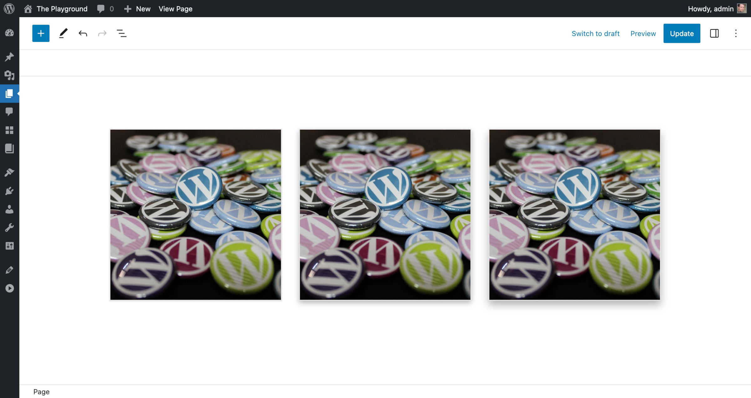 WordPress post editor with three images that display a set of WordPress buttons. Each image has a light gray shadow that increases in size from one image to the next.