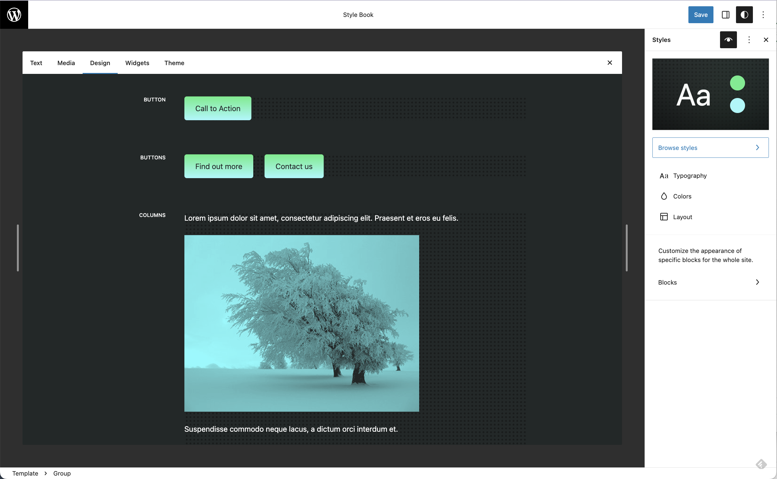 WordPress site editor with the Style Book open, showcasing a dark design.