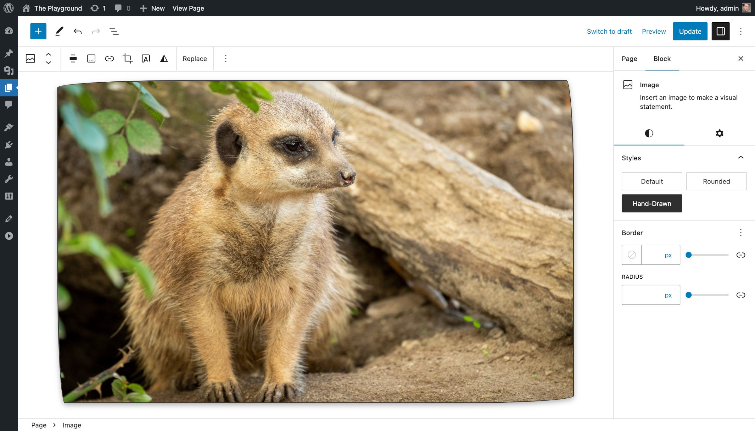 WordPress post editor with an image of an animal in the content canvas. The border for the image has a hand-drawn shape.