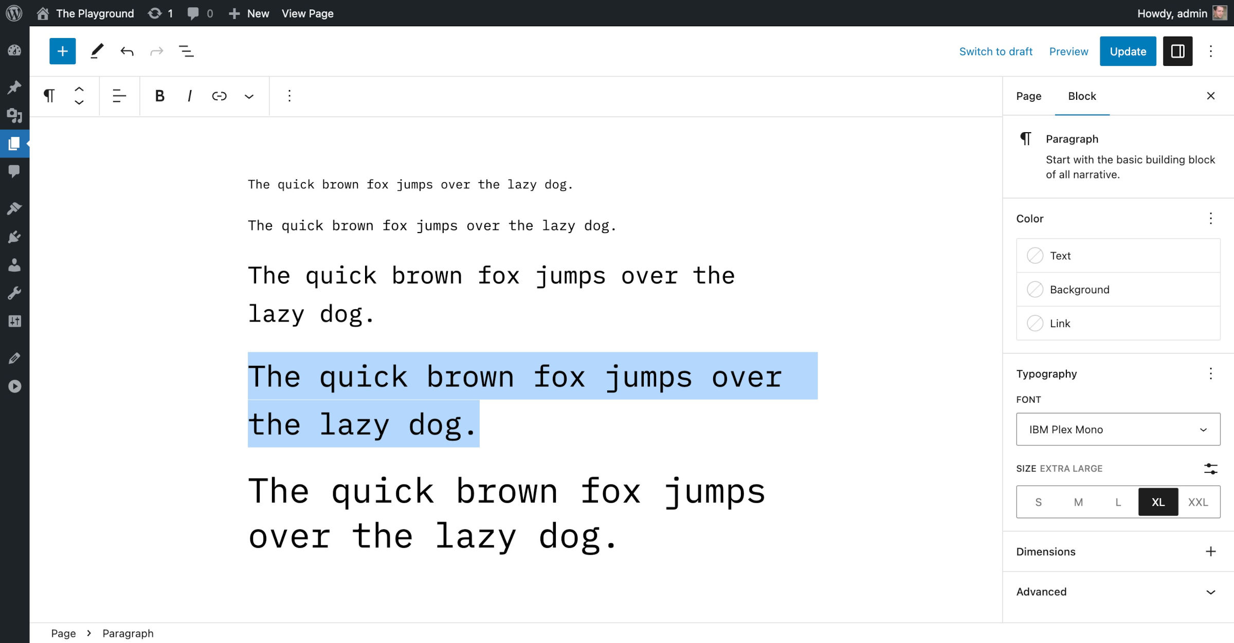WordPress post editor with the text "The quick brown fox jumps over the lazy dog" repeated five times in varying font sizes.