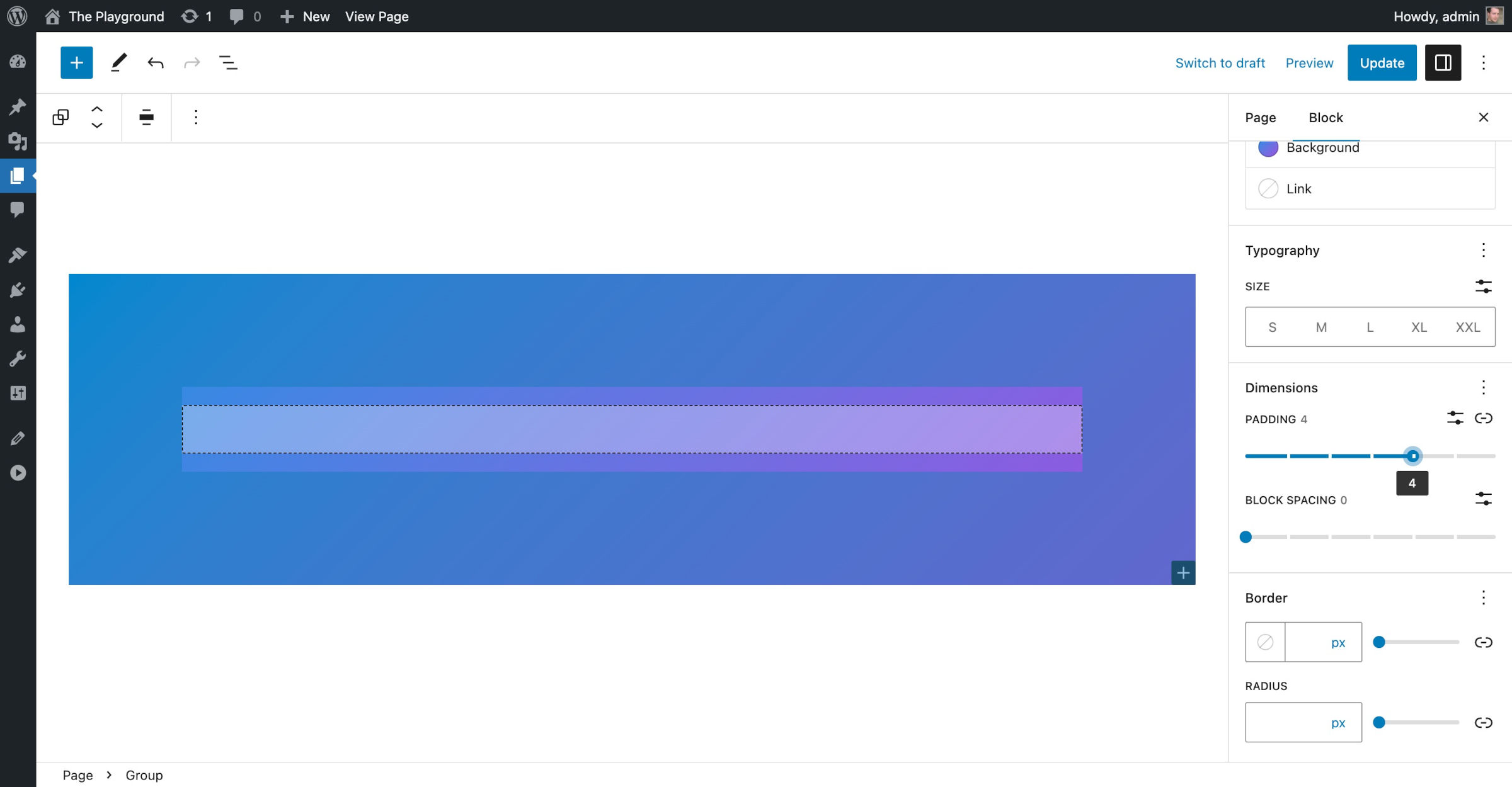 WordPress post editor with a nested Group block inside another Group block. The outer Group block has large inner padding and a blue and purple gradient background.