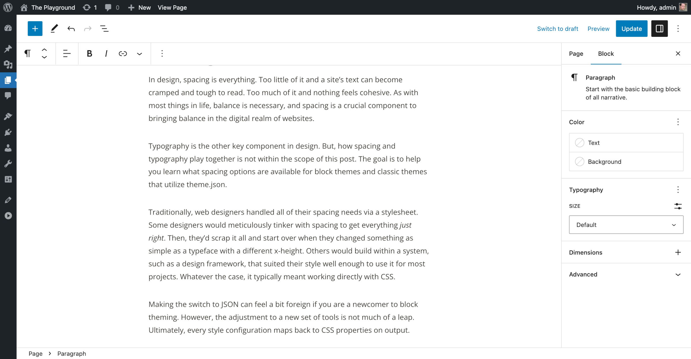 WordPress post editor with several paragraphs of example text.