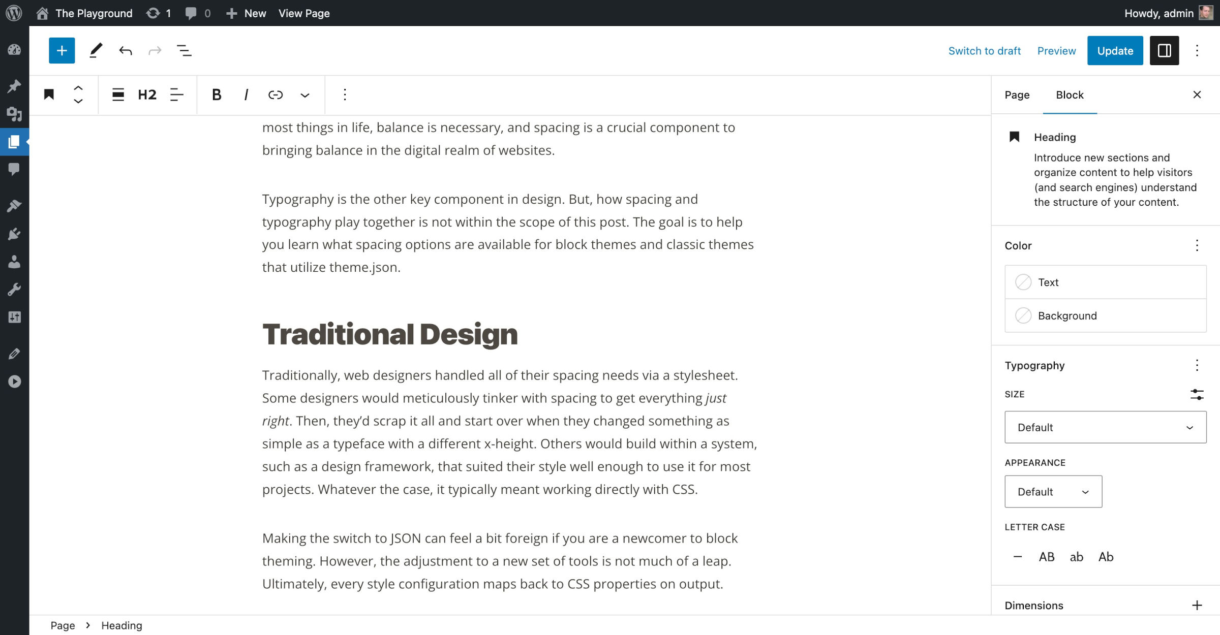 WordPress post editor with several paragraphs of example text and a single heading in the middle of the content, which has larger spacing above it.