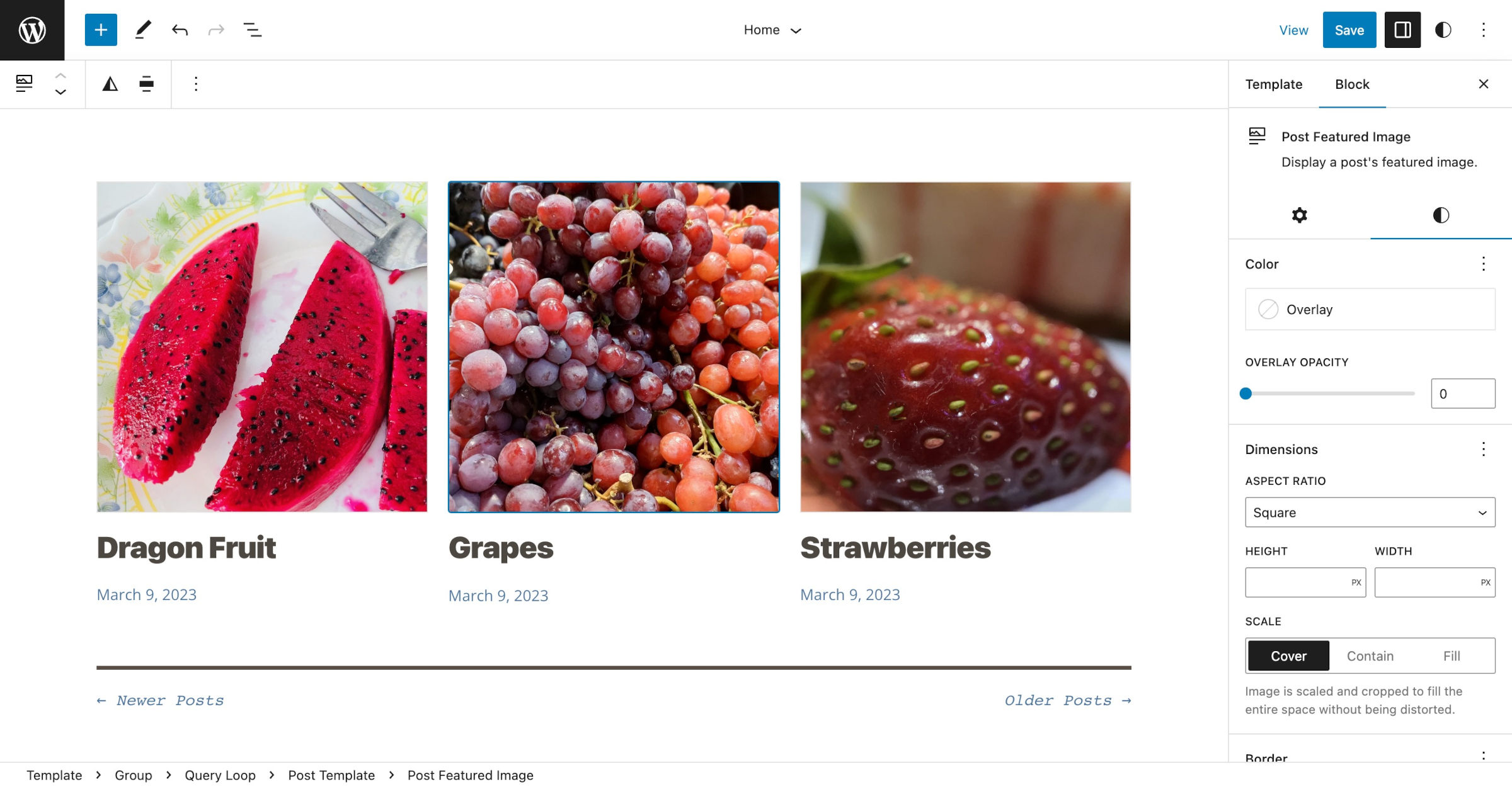 WordPress site editor showing a three-column grid of posts. The featured image used are all in a square shape of the same size.